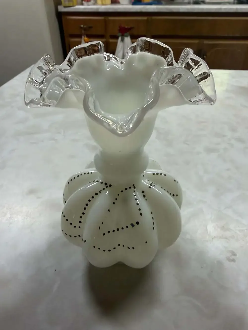 Vintage Fenton Silvercrest Beaded Melon Vase White Milk Glass with Clear Ruffled